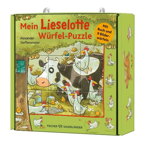 "Mein Lieselotte Würfel-Puzzle" mit Hühnern und Kühen in einer Illustration auf einer grünen Verpackung.