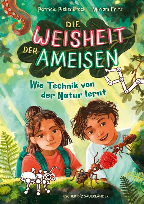 "Die Weisheit der Ameisen: Wie Technik von der Natur lernt." Zwei Kinder mit Ameisen und Pflanzen in kindlicher Illustration.