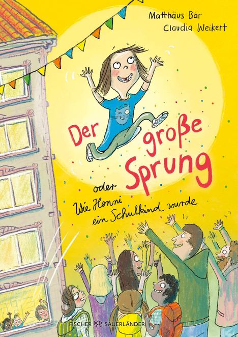„Der große Sprung oder Wie Henni ein Schulkind wurde“ zeigt ein fröhliches Kind im Sprung. Bunte Girlanden im Hintergrund.