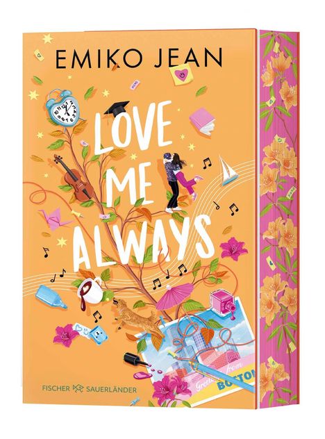 „EMIKO JEAN, LOVE ME ALWAYS“. Orangefarbener Hintergrund, Illustrationen mit Noten, Pflanzen, Figuren und Alltagsgegenständen.