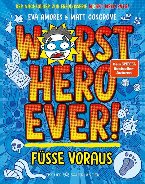 "WORST HERO EVER! FÜSSE VORAUS" - Illustrationen mit Comics eines aufgeregten Gesichts und blauen, verspielten Symbolen.