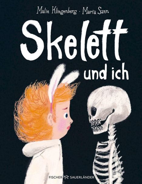 „Skelett und ich“: Ein Kind mit roten Haaren sieht ein Skelett an. Illustrativer Stil.