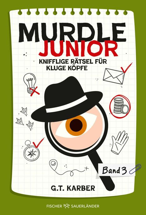„MURDLE JUNIOR – Knifflige Rätsel für kluge Köpfe“, Illustration mit Hut, Lupe, Kompass, Umschlag und Notizblock.