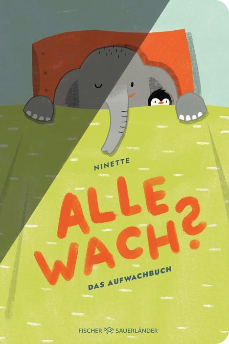 Text: "ALLE WACH? DAS AUFWACHBUCH". Illustration: Ein Elefant und ein Pinguin schauen unter einer grünen Decke hervor.