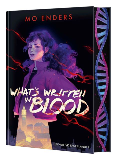 "What's Written in Blood" und "MO ENDERS" sind in auffälliger Schrift. Eine Frau in Violett vor Stadt und DNA-Strang.