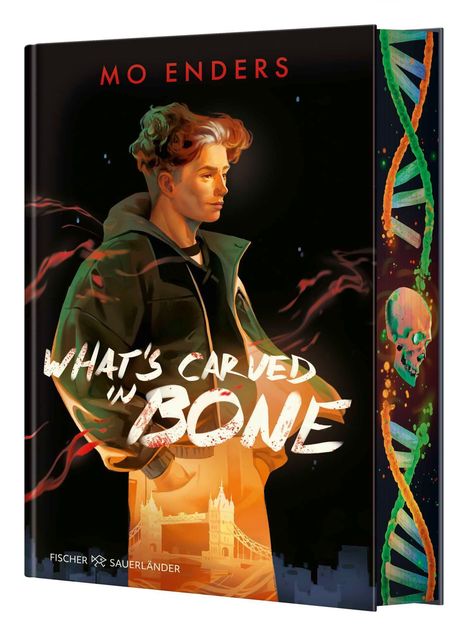 "What's Carved in Bone" und "Mo Enders". Junge, DNA-Strang, Totenschädel, Londoner Brücke, mystische Farben.