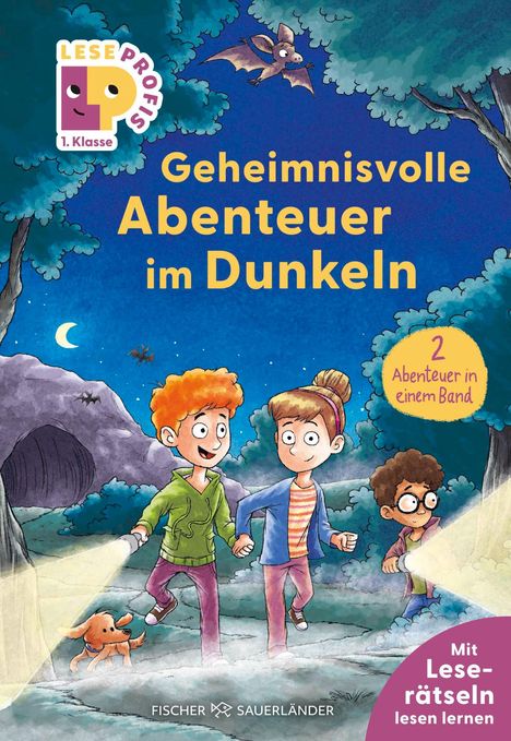 "Geheimnisvolle Abenteuer im Dunkeln"; Illustration von drei Kindern mit Taschenlampen und einem Hund im Wald, Fledermaus oben.