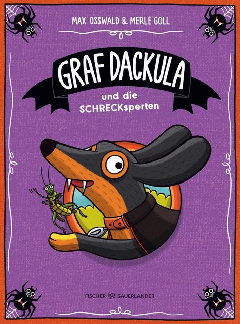 "Graf Dackula und die Schrecken  
Illustration: Dackel mit Fangzähnen und Grille auf violettem Hintergrund."