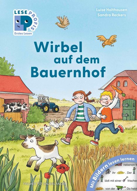 Titel: "Wirbel auf dem Bauernhof". Im Hintergrund spielende Kinder, ein Traktor, ein Ziegenkind und Hühner. Logo: Leseprofis.