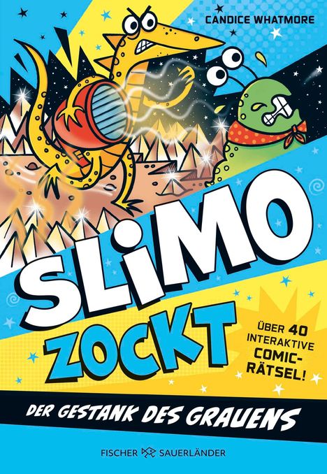 Texte: "SLIMO ZOCKT", "Der Gestank des Grauens", "Über 40 interaktive Comic-Rätsel!". Illustration: Dinosaurier und Schnecke.