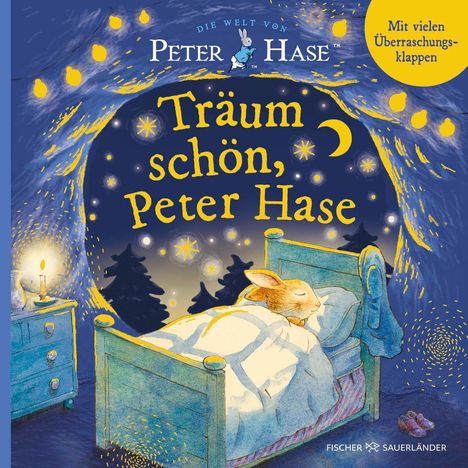 "Träum schön, Peter Hase. Mit vielen Überraschungsklappen." Illustration: Hase schläft in einem Bett unter einem sternenklaren Himmel.