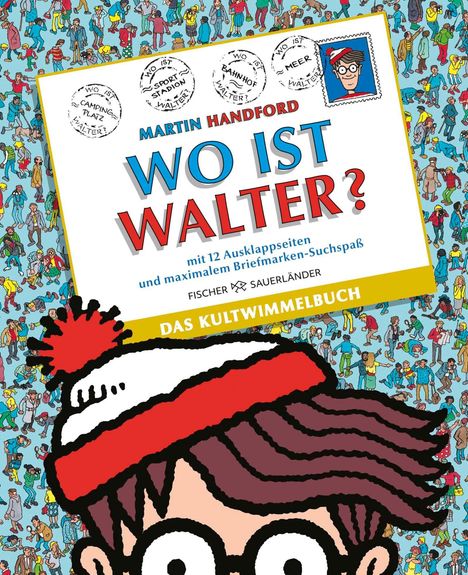 „Wo ist Walter?“ in großen Buchstaben, umgeben von bunter Menschenmenge. Ein markanter Mann mit Mütze sichtbar.