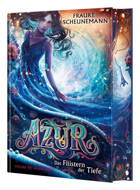 Covertext: "Frauke Scheunemann", "AZUR", "Das Flüstern der Tiefe". Illustration: Frau mit fließendem Haar in blauen Tönen.