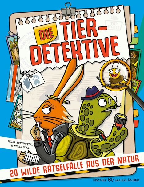 Titel "Die Tierdetektive", Untertitel "20 wilde Rätselfälle aus der Natur". Illustration eines Hasen und einer Schildkröte.