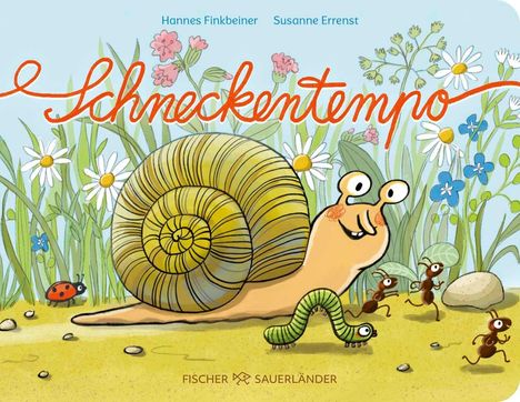 "Schneckentempo" mit bunten Blumen, einer fröhlichen Schnecke, Ameisen und einem Wurm im Vordergrund. Buchcover-Illustration.