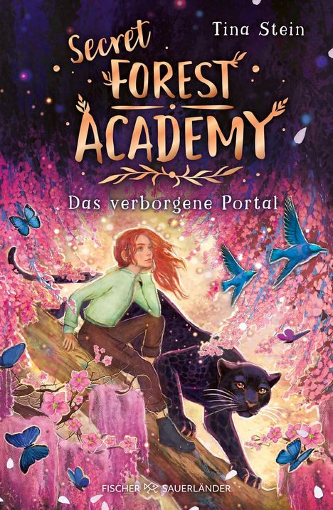 „Secret Forest Academy. Das verborgene Portal“. Eine Illustration zeigt ein Mädchen mit roten Haaren und einen schwarzen Panther.