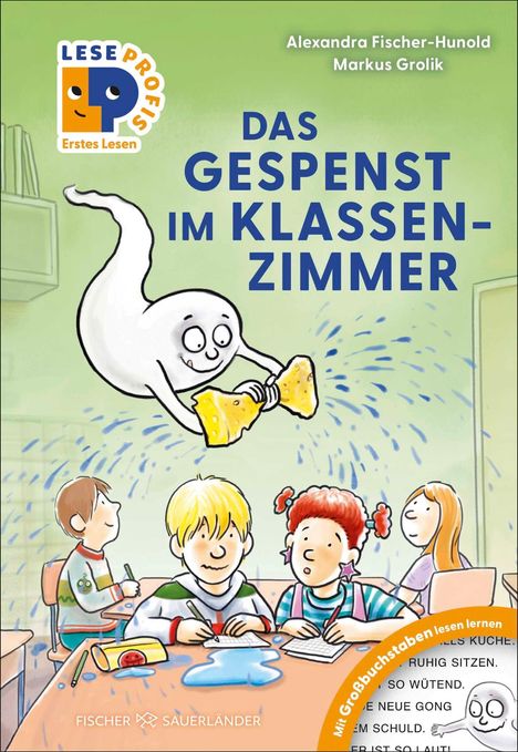 „Das Gespenst im Klassenzimmer“ zeigt ein fröhliches Gespenst, das über Schülern schwebt und Wasser mit einem Schwamm spritzt.