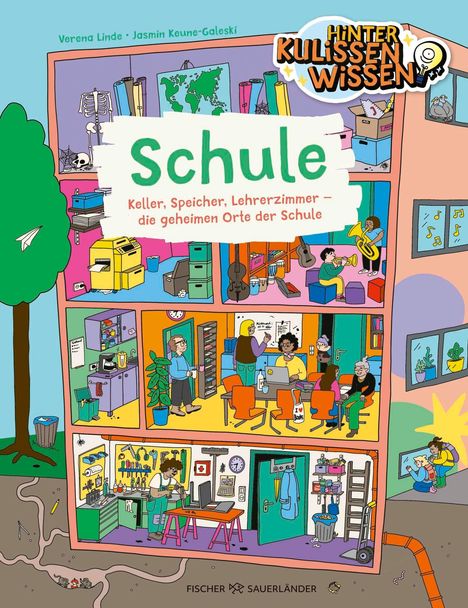 „Schule. Keller, Speicher, Lehrerzimmer – die geheimen Orte der Schule.“ Eine bunte Illustration eines Schulgebäudes.