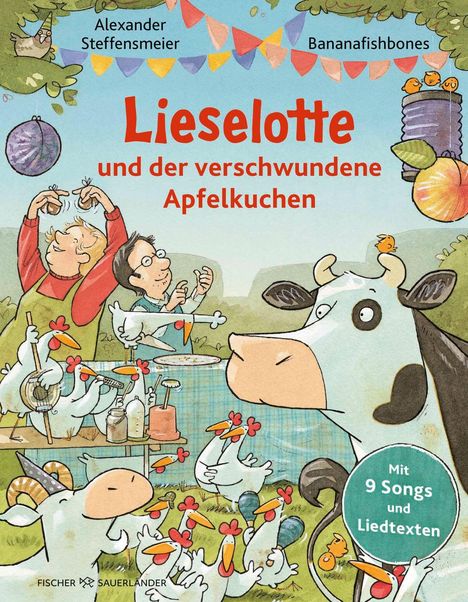 Titel: "Lieselotte und der verschwundene Apfelkuchen". Illustration mit Kühen, Hühnern und Menschen bei einer Feier im Freien.