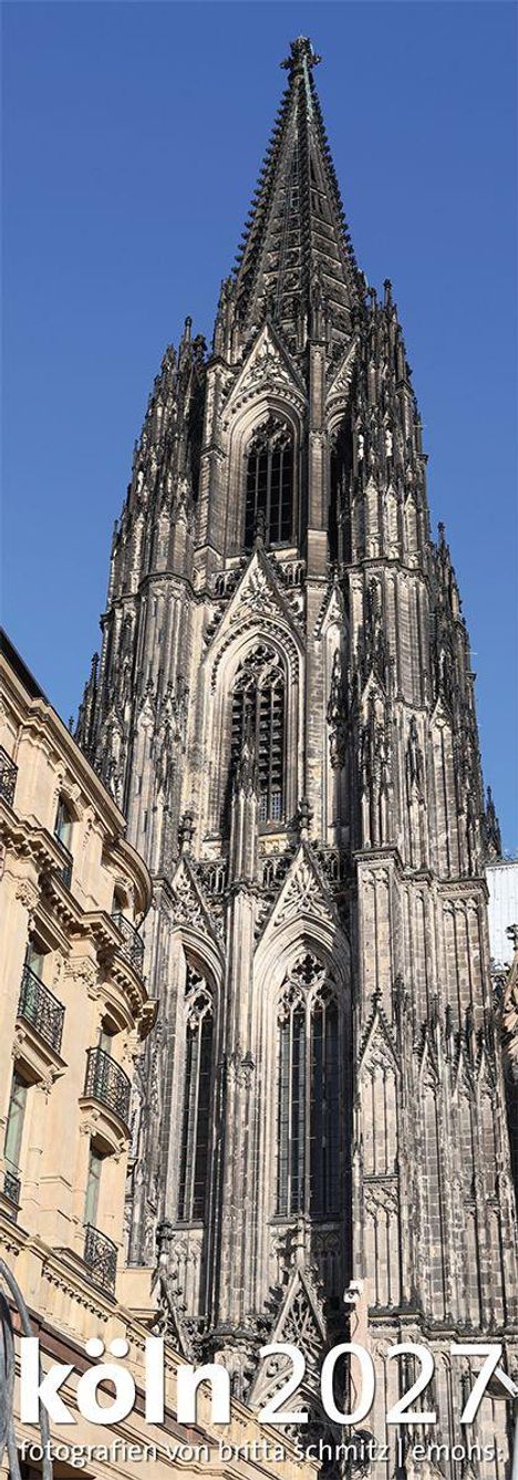 Text: "köln 2027 fotografien von britta schmitz | emons". Dom mit komplexer gotischer Architektur vor blauem Himmel.