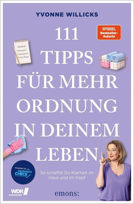 "111 Tipps für mehr Ordnung in deinem Leben. So schaffst du Klarheit im Haus und im Kopf." Frau zeigt nach oben.