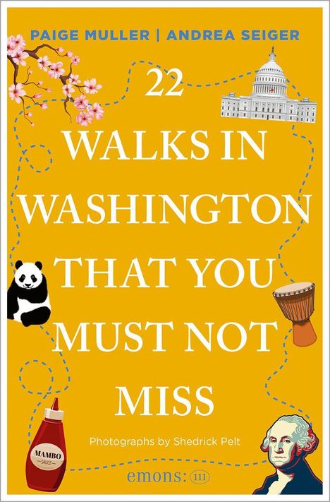 Titel: "22 Walks in Washington That You Must Not Miss". Illustrationen von Kirschblüten, Panda, Capitol.
