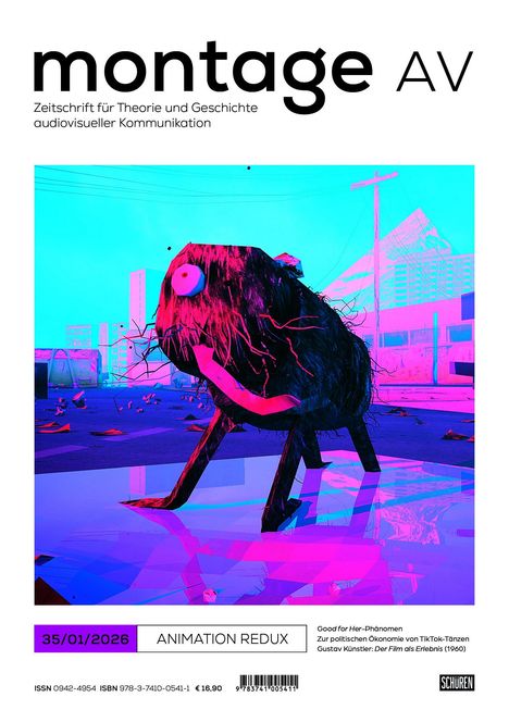 „montage AV. Zeitschrift für Theorie und Geschichte audiovisueller Kommunikation, 35/01/2026, ANIMATION REDUX.“ Illustration eines abstrakten Wesens vor neonblauer Kulisse.