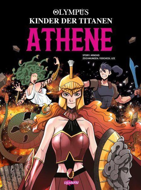 „OLYMPUS KINDER DER TITANEN ATHENE“. Illustration von Athene in Rüstung, mit Medusa und Kriegerin im Hintergrund.