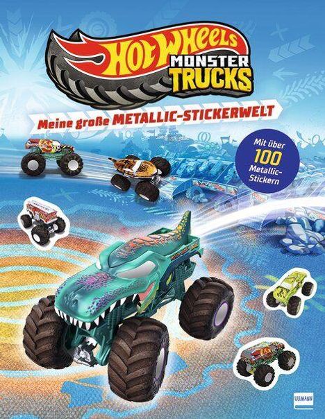 "Hot Wheels Monster Trucks", "Meine große METALLIC-STICKERWELT", "Mit über 100 Metallic-Stickern". Monster-Trucks-Illustration.