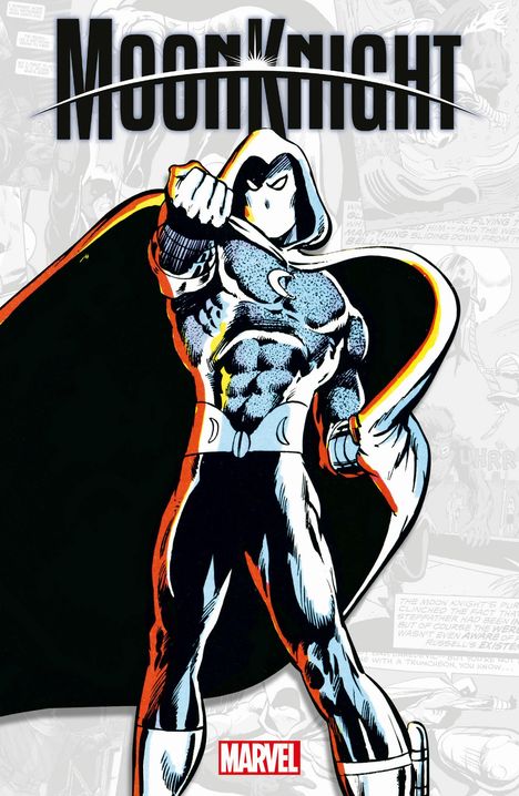 Text oben: "Moon Knight". Unten: "Marvel". Illustration eines muskulösen Helden in Kampfpose mit Kapuze und Cape.