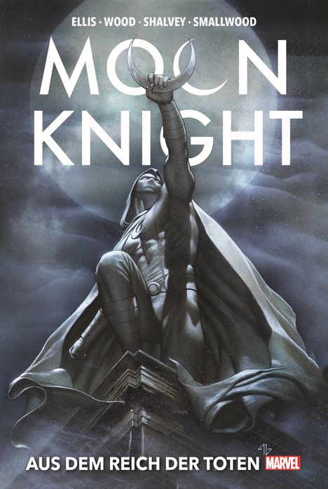 "Moon Knight. Aus dem Reich der Toten. Marvel." Darstellung einer heroischen Figur vor einem großen Mond.