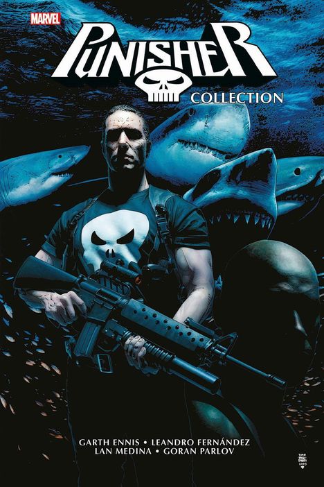 "Punisher Collection" und „Garth Ennis, Leandro Fernández, Lan Medina, Goran Parlov“. Mann mit Waffe, Haie im Hintergrund.