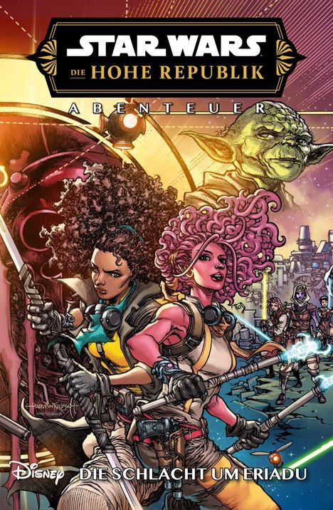 "Star Wars: Die Hohe Republik - Abenteuer: Die Schlacht um Eriadu" mit Jedi, Raumschiffen und bunten Charakteren im Stil eines Comics.