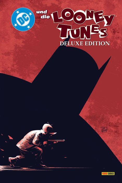 "DC und die Looney Tunes Deluxe Edition". Silhouette einer knienden Figur mit Hut und Gewehr vor rotem Hintergrund.