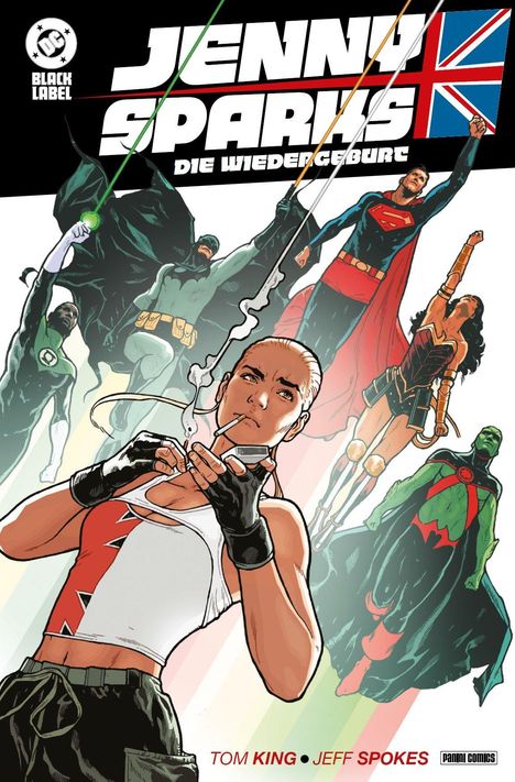 "Jenny Sparks: Die Wiedergeburt" in großen Buchstaben, Union Jack. Charaktere in Superhelden-Posen.