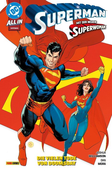 "Superman mit der neuen Superwoman" steht groß geschrieben. Darstellung von Superman und Superwoman, beide in Heldentracht.