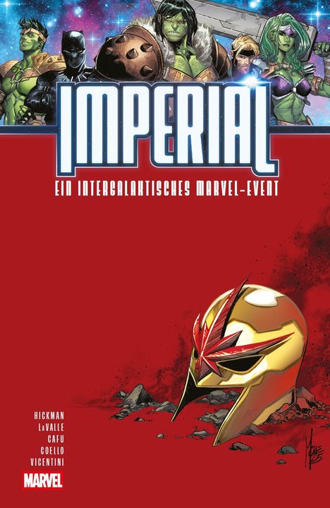 "IMPERIAL Ein intergalaktisches Marvel-Event." Helden vor Sternenhimmel, goldener Helm im Vordergrund. Logo: Marvel.