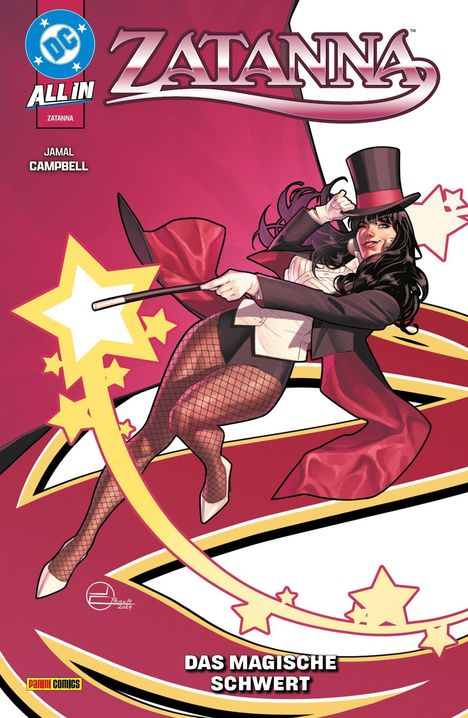 „Zatanna“, „Das Magische Schwert“. Illustration: Zatanna in Zylinder mit Zauberstab, Fischernetzstrümpfe und Sterne.