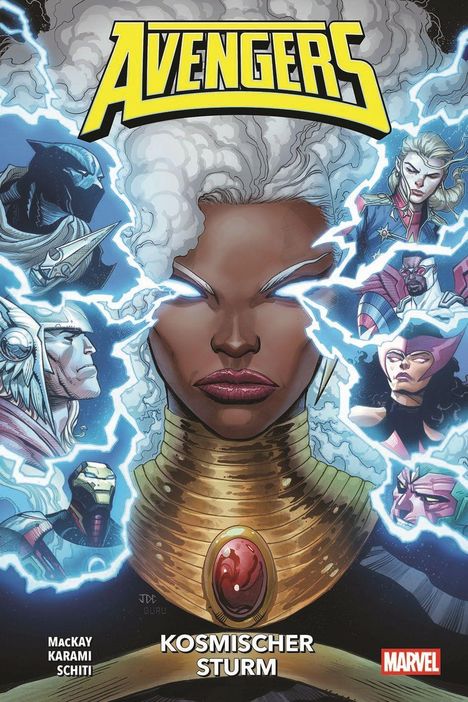 „AVENGERS, Kosmischer Sturm, Marvel.“ Eine zentrale Figur mit weißem Haar, umgeben von Blitzen und weiteren Gesichtern.