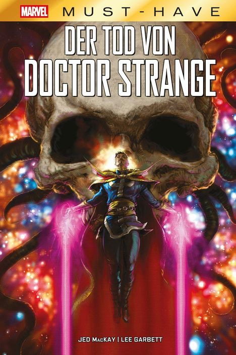 "DER TOD VON DOCTOR STRANGE" in großen Buchstaben. Ein Magier mit rotem Umhang vor einem riesigen Totenschädel.
