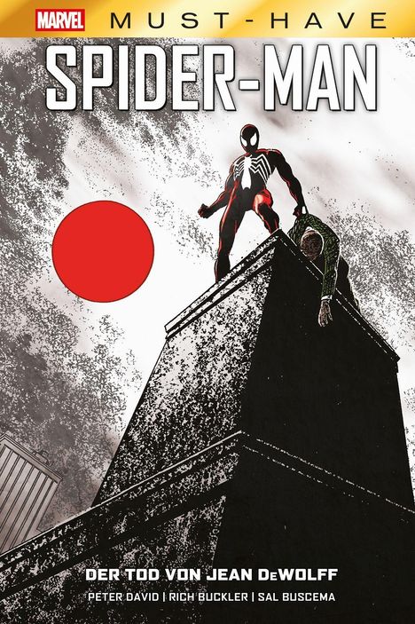 "SPIDER-MAN: Der Tod von Jean DeWolff." Ein stilisierter Spider-Man steht bedrohlich auf einem Dach neben einer leblosen Gestalt.