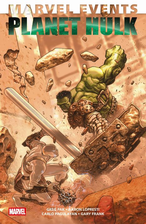 "MARVEL EVENTS PLANET HULK." Illustration: Ein grüner Riese im Kampf mit einem Krieger. Viel Geröll und Dynamik.