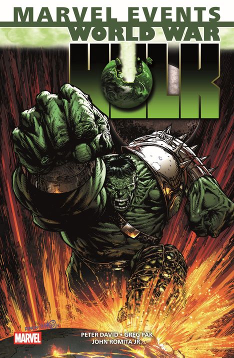 "MARVEL EVENTS WORLD WAR HULK." Der Hulk in einem dynamischen Kampfmoment, grün und kraftvoll, mit einem zerstörten Planeten.