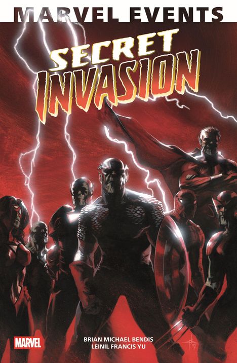 „Secret Invasion“ in großen Buchstaben oben. Im Hintergrund finstere, helle Blitze und mehrere düstere Figuren in Rüstung.