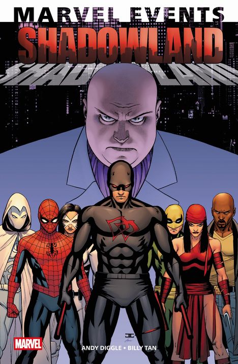 "Marvel Events Shadowland" oben. Helden in verschiedenen Kostümen, im Vordergrund steht ein Mann in Schwarz mit zwei roten "D".