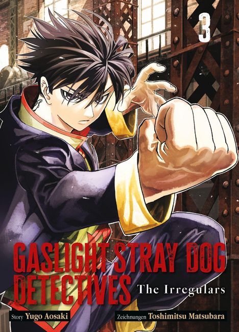 "Gaslight Stray Dog Detectives: The Irregulars" steht im Vordergrund. Ein entschlossener junger Mann in Kampfpose ist abgebildet.