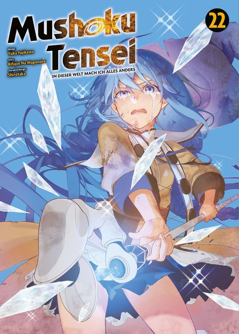 Titel: Mushoku Tensei. Eine Person mit blauen Haaren kämpft, umgeben von glitzernden Kristallen.