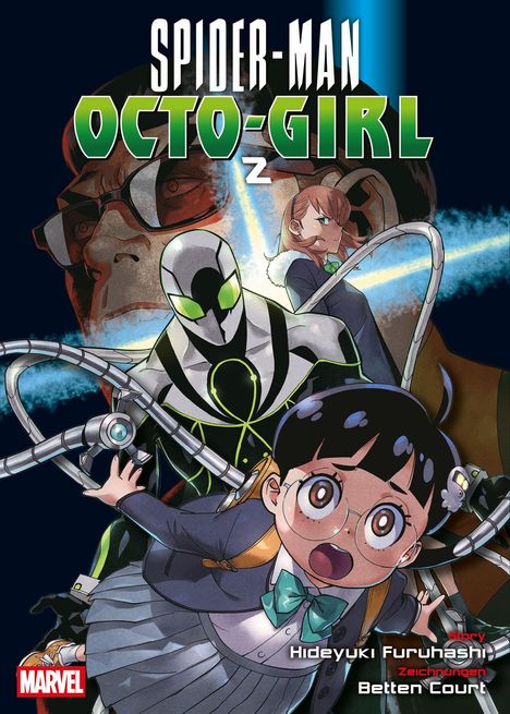 "Spider-Man: Octo-Girl 2", Manga-Stil, mehrere Charaktere, darunter ein Mädchen mit Brille und ein maskierter Held.