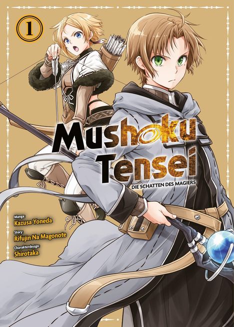 "Mushoku Tensei: Die Schatten des Magiers" mit zwei jungen Personen in Abenteurerkleidung, eine mit Pfeil und Bogen, die andere mit Zauberstab.