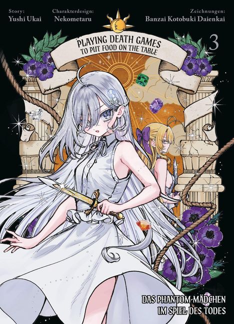 "Playing Death Games to Put Food on the Table", 3. Illustration: Zwei Mädchen mit langen Haaren und Dolchen, umgeben von Blumen und Juwelen.
